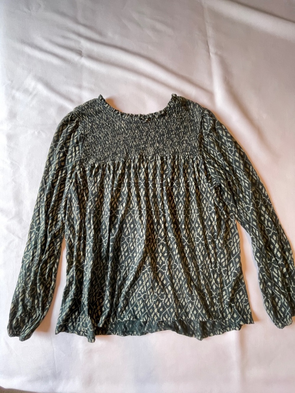 Wonderly Olive and Cream Smocked Yoke Long Sleeve Blouse - Picture 3 of 11